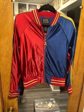 Suicide Squad Kids' Red and Blue Satin Bomber Jacket with Gold Trim